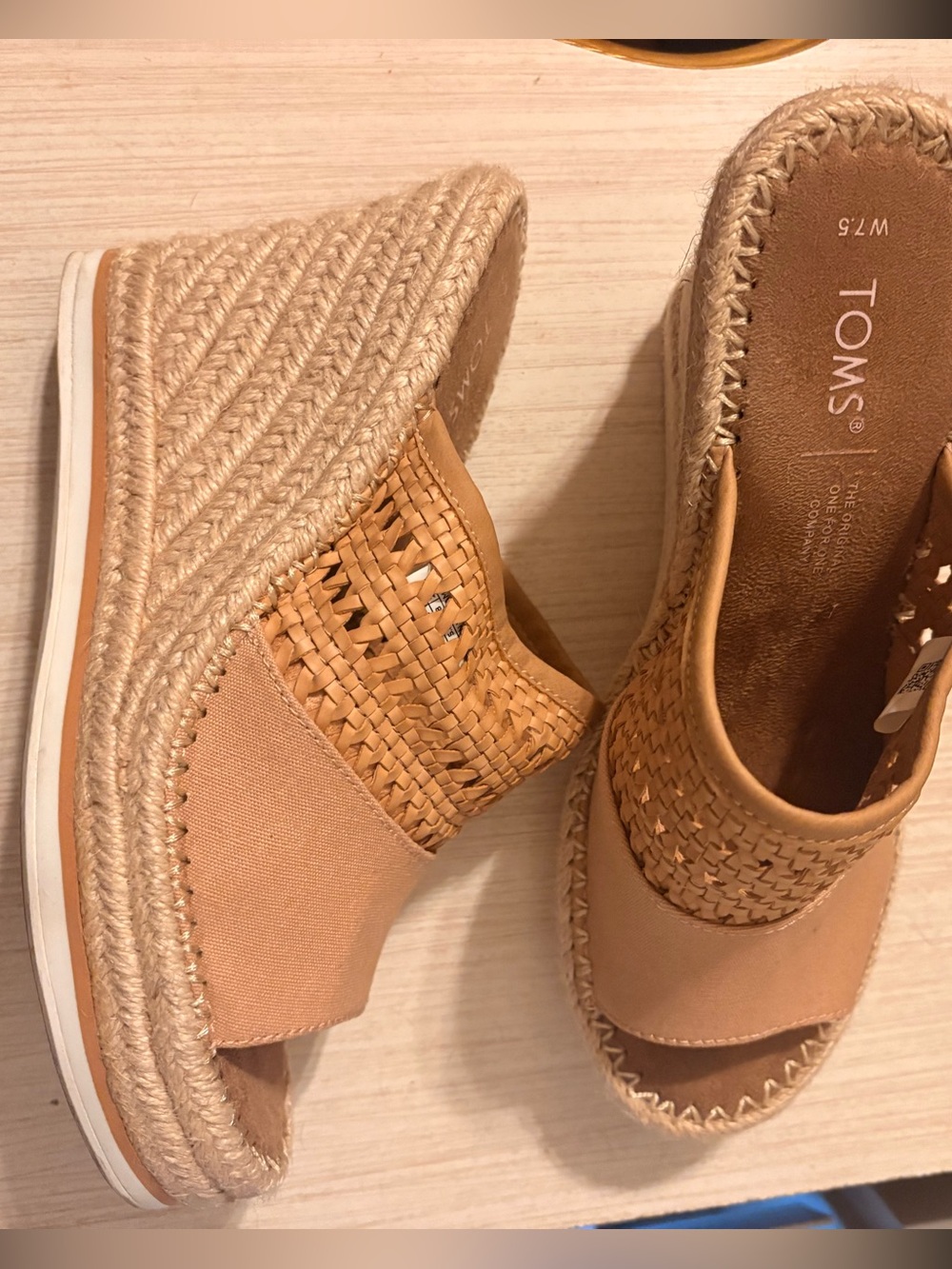 TOMS Tan Woven Espadrille Platform Wedge Slides